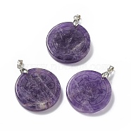 Natural Amethyst Pendants, Flat Round Charms with Chakra Theme Pattern, with Rack Plating Platinum Tone Brass Findings, Cadmium Free & Lead Free, 30x4~8mm, Hole: 4x4mm(G-P491-04P-04)