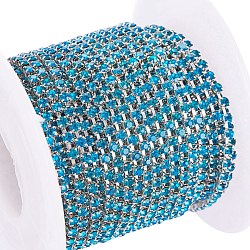 Brass Rhinestone Strass Chains, with Spool, Rhinestone Cup Chain, about 2880pcs Rhinestone/bundle, Grade A, Silver Color Plated, Blue Zircon, 2mm, about 10yards/roll(CHC-R125-S6-03S)