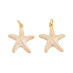 Brass Enamel Pendants, Starfish Charms, Real 18K Gold Plated, White, 20.5x18x3.5mm, Hole: 3.5mm(KK-CBAEBFB-14G-01)