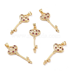 Brass Micro Pave Cubic Zirconia Pendants, Long-Lasting Plated, Heart Key, Colorful, Real 18K Gold Plated, 38x14.5x3.5mm, Hole: 3x3mm(X-ZIRC-L100-061G)