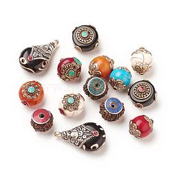 Tibetan Style Beads/Pendants, with Synthetic Turquoise, Synthetic Coral, Imitation Beeswax and Alloy Findings, Mixed Color, 14~36x15~21x13~18mm, Hole: 1.5~4mm(TIBEB-P001-04)