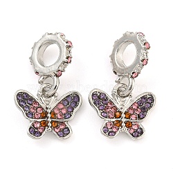 Rack Plating Alloy Pave Colorful Rhinestone Insect European Dangle Charms, Large Hole Pendants, Platinum, Cadmium Free & Nickel Free & Lead Free, Butterfly, 25mm, Butterfly: 13x15x2mm, Hole: 5.5mm(FIND-B034-14P-03)