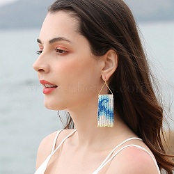 Brass Chandelier Earrings, Glass Seed Beaded Tassel Earrings, Light Sky Blue, 110x32mm(EJEW-D105-01C)