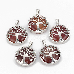 Natural Carnelian Pendants, with Brass Findings, Flat Round with Tree of Life, Dyed, Platinum, 30.5x27x8mm, Hole: 7x3mm(G-S292-10H-P)