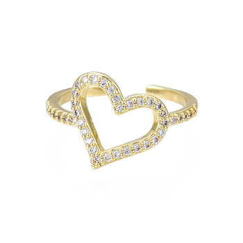 Cubic Zirconia Heart Open Cuff Ring, Real 18K Gold Plated Brass Chunky Ring for Women, Nickel Free, Clear, US Size 7 3/4(17.9mm)