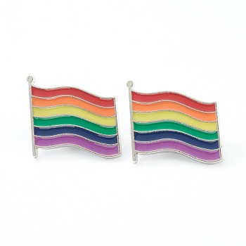 Alloy Pride Enamel Brooches, Enamel Pin, with Butterfly Clutches, Rainbow Flag, Platinum, Colorful, 22x23x10mm