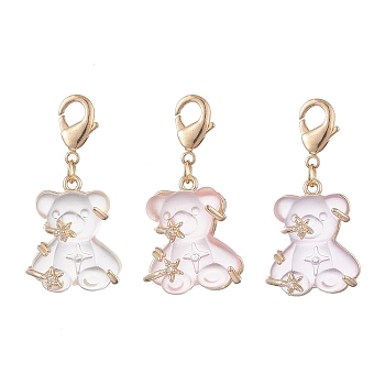 3Pcs Bear Transparent Resin Rhinestone Pendant Decorations, Lobster Claw Clasps Charms, Mixed Color, 41mm