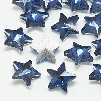 Pointed Back Glass Rhinestone Cabochons, Back Plated, Faceted, Star, Montana, 9.5x10x5mm
