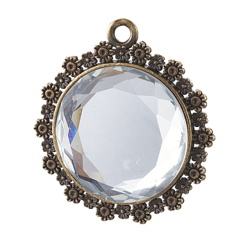 Alloy Glass Pendants, Faceted, Nickel Free, Flat Round with Flower, Antique Bronze, 45.5x41.5x6.5mm, Hole: 3mm