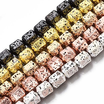 Electroplated Natural Lava Rock Beads Strands, Hexagon, Bumpy, Mixed Color, 8x7.5x6.5mm, Hole: 1.2mm, about 50pcs/strand, 15.35 inch~15.75 inch(39cm~40cm)
