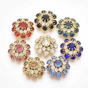Golden Plated Brass Shank Buttons, with Rhinestone, 1-Hole, Flower, Mixed Color, 22x22x9mm, Hole: 1.2mm
