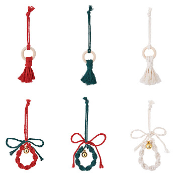 Crafans 2 Sets 2 Style Christmas Theme Cotton Weave Pendant Decorations Sets, Ring with Tassel & Bell & Bowknot, for Wedding Festival Party Decoration, Mixed Color, 3pcs/set, 1set/style