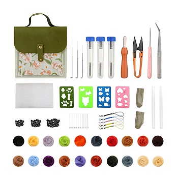 Wool Needle Felting Kit for Beginners, Needle Felting Tools for Starter, Wool Roving Set with Wool Felt Tools & Foam Mat, Olive Drab, Packaging: 183x180x65mm
