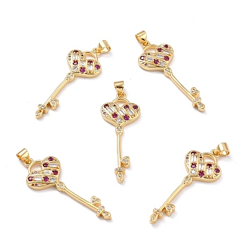 Brass Micro Pave Cubic Zirconia Pendants, Long-Lasting Plated, Heart Key, Colorful, Real 18K Gold Plated, 38x14.5x3.5mm, Hole: 3x3mm
