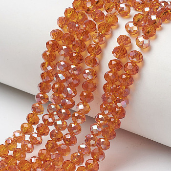 Electroplate Glass Beads Strands, Half Plated, Rainbow Plated, Faceted, Rondelle, Dark Orange, 6x5mm, Hole: 1mm, about 85~88pcs/strand, 16.1~16.5 inch(41~42cm)
