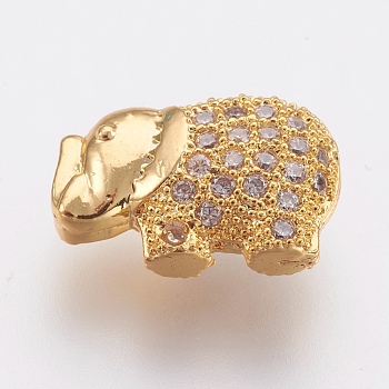 Brass Micro Pave Cubic Zirconia Beads, Lead Free & Cadmium Free, Elephant, Golden, 8.5x13x5mm, Hole: 0.8mm