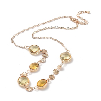 Flat Round Glass Pendant Necklaces with Brass Chains, Light Gold, 15.94 inch(405mm)