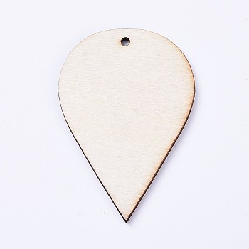 Natural Wood Pendants, Undyed, Laser Cut Wood Shape, Wood Slice, Teardrop, Antique White, 54.5x37.5x2.5mm, Hole: 1.5mm