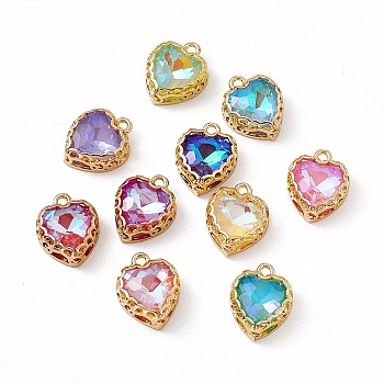 Heart K9 Glass Charms, Faceted, with Light Gold Tone Brass Edge, Mixed Color, 14.5x12x5.5mm, Hole: 1.6mm