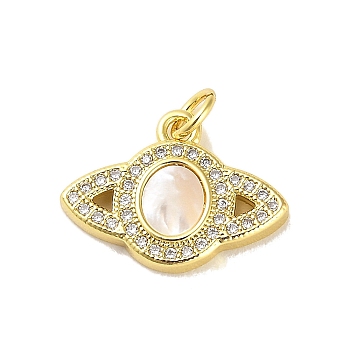 Brass Micro Pave Clear Cubic Zirconia Pendants, with Shell, Jump Ring, Planet, Real 18K Gold Plated, 14x18.5x3mm, Hole: 3.5mm