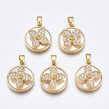 Brass Micro Pave Clear Cubic Zirconia Pendants, with White Sea Shell, Nickel Free, Flat Round with Flower, Real 18K Gold Plated, 16x14x5mm, Hole: 2.5x4.5mm