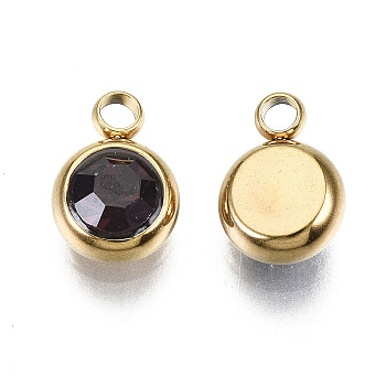 Vacuum Plating 201 Stainless Steel Rhinestone Charms, Birthstone Charms, Flat Round, Real 18K Gold Plated, Light Amethyst, 8.5x6x3mm, Hole: 1.5mm