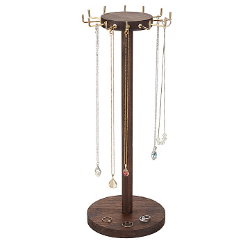 Round Wood Jewelry Necklace Display Organizer Hanging Tower Rack, with Golden Tone Zinc Alloy Hooks, for Necklaces, Bracelets Storage, Brown, Finish Product: 15.1x41cm