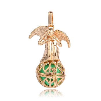 Golden Plated Brass Hollow Round Cage Pendants, with No Hole Spray Painted Brass Round Beads, Angel, Medium Spring Green, 44x29x20mm, Hole: 3x8mm