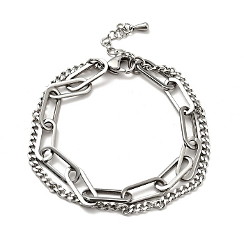 201 Stainless Steel Paper & Curb Chains Double Layered Multi-strand Bracelet for Women, Stainless Steel Color, 7-1/2 inch(19.2cm)