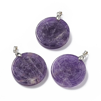 Natural Amethyst Pendants, Flat Round Charms with Chakra Theme Pattern, with Rack Plating Platinum Tone Brass Findings, Cadmium Free & Lead Free, 30x4~8mm, Hole: 4x4mm