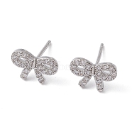 Bowknot Brass Stud Earrings, with Clear Cubic Zirconia, Long-Lasting Plated, Lead Free & Cadmium Free, Platinum, 7x11mm(EJEW-M245-02P)