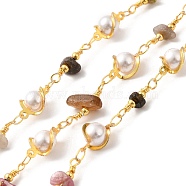 Handmade Natural Tourmaline Chip Beaded Chains, Real 18K Gold Plated Brass Glass Link Chains, Soldered, with Spool, Cadmium Free & Lead Free, Bead link: 12.5x8x6mm, Gemstone Chip: 16~19x8.5~10x5~6.5mm(CHC-M024-22G-03)