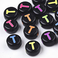 Opaque Black Acrylic Beads, Horizontal Hole, Flat Round with Mixed Color Letter, Letter.T, 7x4mm, Hole: 1.6mm, about 3600pcs/500g(MACR-N008-17T)