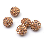 Polymer Clay Pave Rhinestone Beads, Disco Ball Beads, Lt.Col.Topaz, PP15(2.1~2.2mm), 6 Rows Rhinestone, 12mm, Hole: 1.5mm(X-RB-Q197-12mm-03)