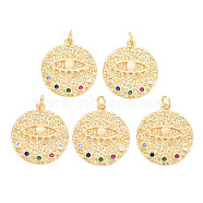 Rack Plating Brass Micro Pave Colorful Cubic Zirconia Pendants, with Jump Rings, Nickel Free, Flat Round with Evil Eyes, Real 18K Gold Plated, 22x20x2mm, Jump Ring: 5x1mm, 3mm(KK-N233-189B-01)