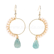 Faceted Teardrop Natural Amazonite Dangle Earrings, with Natural Pearl Beads and Brass Earring Hooks, Golden, 62mm, Pin: 0.8mm(EJEW-JE04385-03)