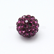 Pave Disco Ball Beads, Polymer Clay Rhinestone Beads, Grade A, Round, Fuchsia, PP14(2~2.1mm), 10mm, Hole: 1.0~1.2mm(RB-H258-10MM-502)
