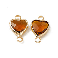 Transparent K9 Glass Connector Charms, Heart Links, with Light Gold Tone Brass Findings, Smoked Topaz, 14x8.5x3.7mm, Hole: 1.8mm(GLAA-A005-31LG-012)