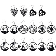 8 Pairs 8 Styles Halloween Spider Web & Witch & Cat & Skull Acrylic Dangle Earrings for Women, Electrophoresis Black, 62~70mm, Pin: 0.8mm, 1 Pair/style(EJEW-SC0001-36)