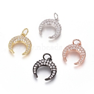 Brass Micro Pave Cubic Zirconia Pendants, with Jump Ring, Long-Lasting Plated, Double Horn/Crescent, Clear, Mixed Color, 15x13.5x2.5mm, Hole: 3.5mm(ZIRC-G166-06)
