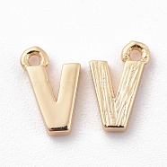 Brass Charms, Letter, Nickel Free, Real 18K Gold Plated, Letter.V, 8.5x5.5x1.5mm, Hole: 0.8mm(X-KK-S350-167V-G)