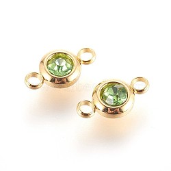 304 Stainless Steel Rhinestone Links connectors, Flat Round, Golden, Peridot, 12x6.5x4mm, Hole: 2mm(STAS-P237-17G-10)