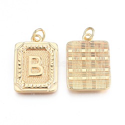 Brass Pendants, with Jump Rings, Cadmium Free & Nickel Free & Lead Free, Rectangle with Letter, Real 18K Gold Plated, Letter.B, 22.5x16x2mm, Jump Ring: 5x1mm, 3mm inner diameter(KK-N232-512B)