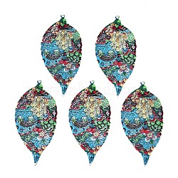430 Stainless Steel Big Pendants, Spray Painted, Etched Metal Embellishments, Leaf with Plant Pattern, Dark Turquoise, 64.5x30.5x0.3mm, Hole: 1.6mm(STAS-T061-15-D04)