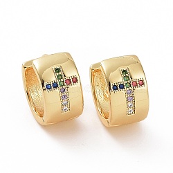 Cubic Zirconia Cross Thick Hoop Earrings, Golden Brass Jewelry for Woman, Colorful, 14.5x13.5~14x8mm, Pin: 0.8mm(EJEW-F304-02G-02)
