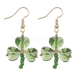 Glass Beaded Clover Dangle Earrings, Brass Wire Wrap Earrings, Green, 43x33mm(EJEW-TA00251)
