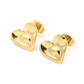 304 Stainless Steel Stud Earrings, Hammered Heart, Real 18K Gold Plated, 12x13mm