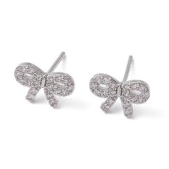 Bowknot Brass Stud Earrings, with Clear Cubic Zirconia, Long-Lasting Plated, Lead Free & Cadmium Free, Platinum, 7x11mm