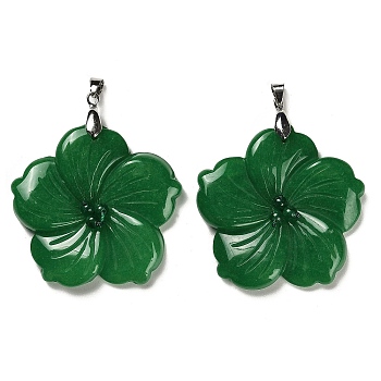 Natural Malaysia Jade Pendants, Flower Charms, with Platinum Plated Iron Snap on Bails, 46x47.5x7.5mm, Hole: 6x4mm