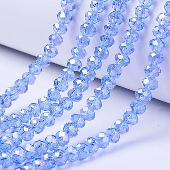 Electroplate Glass Beads Strands, AB Color Plated, Faceted, Rondelle, Light Sky Blue, 3.5x3mm, Hole: 0.4mm, about 123~127pcs/strand, 13.7~14.1 inch(35~36cm)